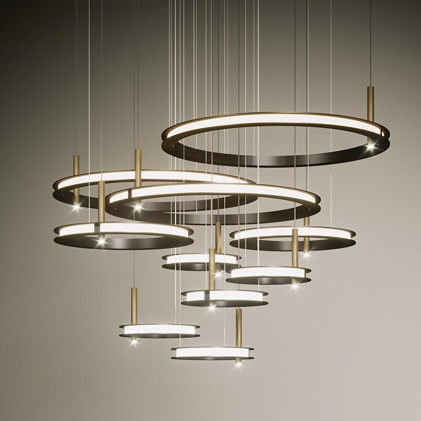 Contemporary Geometric LED Ring Chandelier with Integrated Gold Spotlights