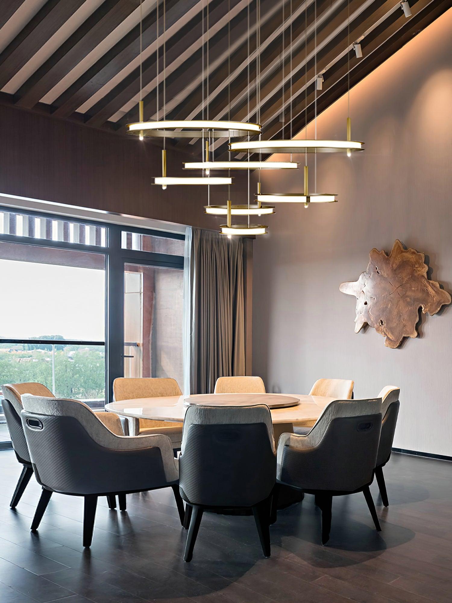 Contemporary Geometric LED Ring Chandelier with Integrated Gold Spotlights
