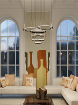 Contemporary Geometric LED Ring Chandelier with Integrated Gold Spotlights