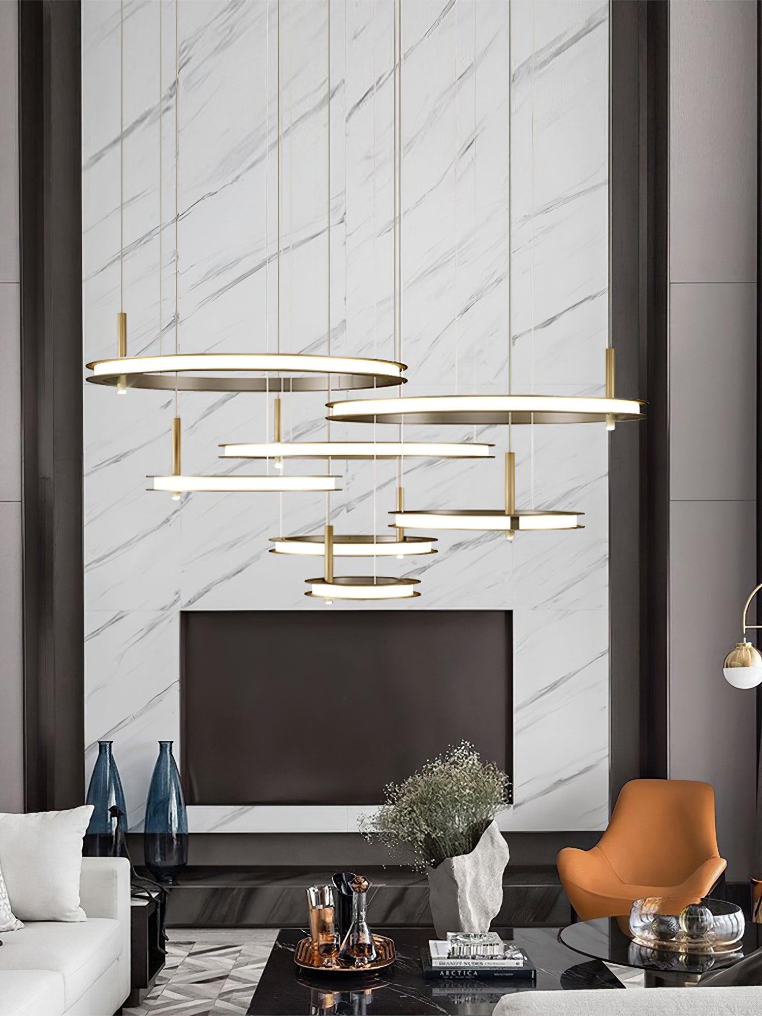 Contemporary Geometric LED Ring Chandelier with Integrated Gold Spotlights