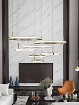 Contemporary Geometric LED Ring Chandelier with Integrated Gold Spotlights