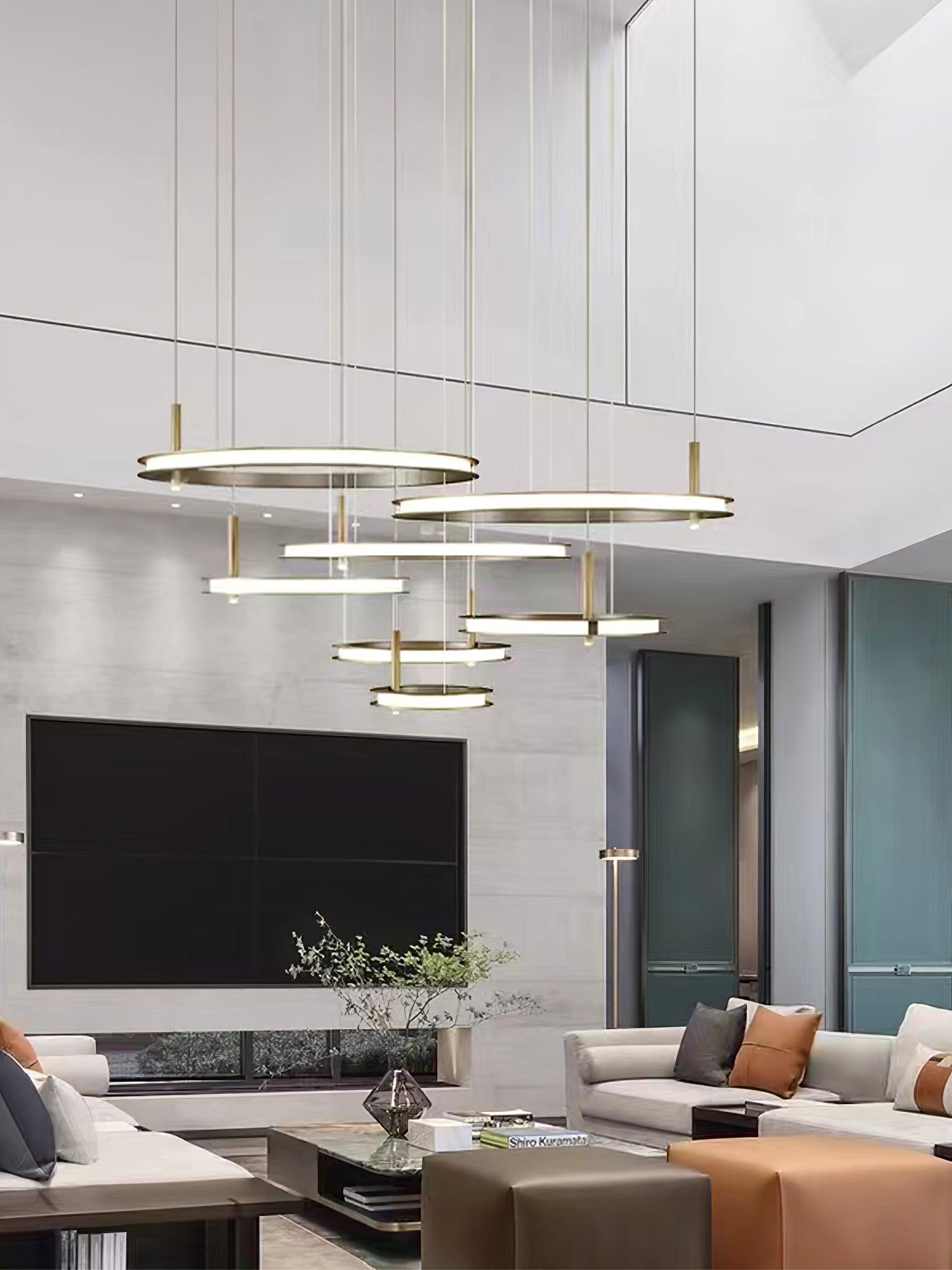 Contemporary Geometric LED Ring Chandelier with Integrated Gold Spotlights