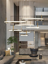 Contemporary Geometric LED Ring Chandelier with Integrated Gold Spotlights