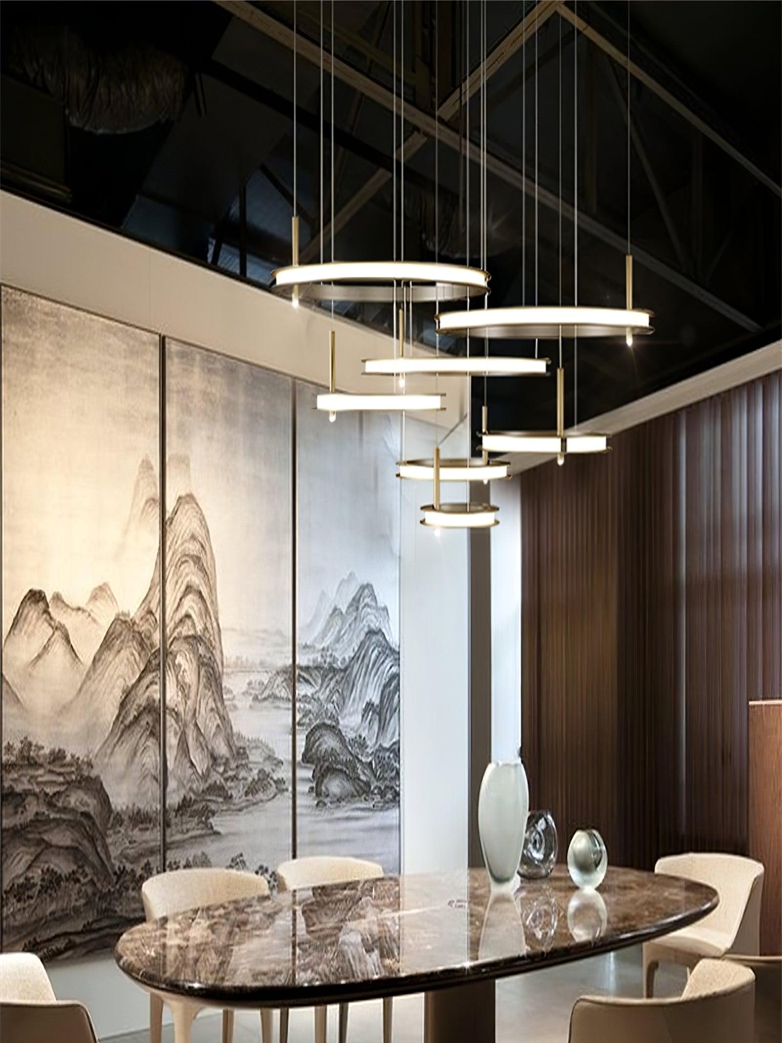Contemporary Geometric LED Ring Chandelier with Integrated Gold Spotlights