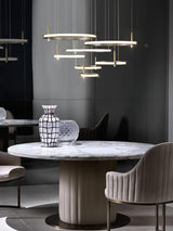 Contemporary Geometric LED Ring Chandelier with Integrated Gold Spotlights