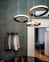 Contemporary Geometric LED Ring Chandelier with Integrated Gold Spotlights