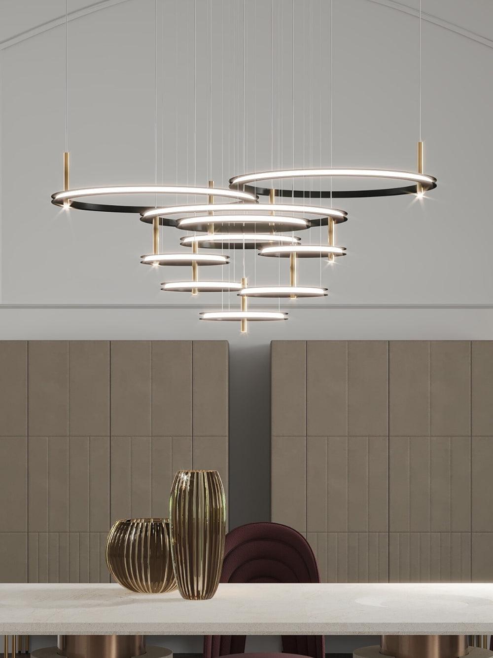 Contemporary Geometric LED Ring Chandelier with Integrated Gold Spotlights