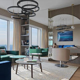 Contemporary Geometric LED Ring Chandelier with Integrated Gold Spotlights