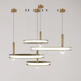 Contemporary Geometric LED Ring Chandelier with Integrated Gold Spotlights