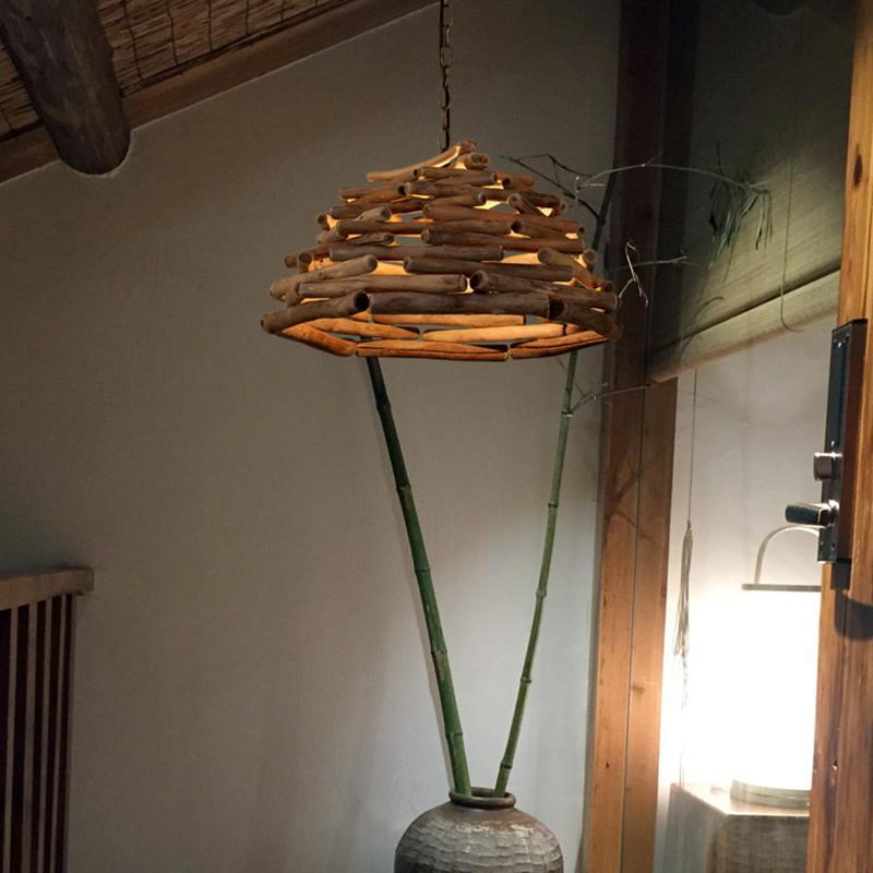 Contemporary Handpicked Wood Stick Pendant Light Burlywood Hanging Lamp for Living Room