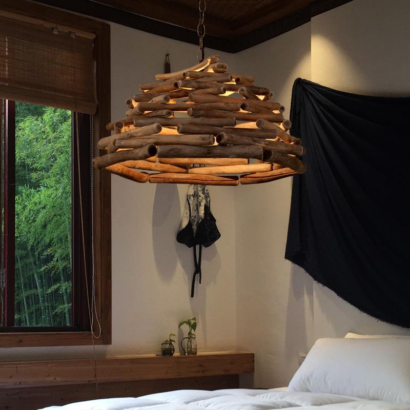 Contemporary Handpicked Wood Stick Pendant Light Burlywood Hanging Lamp for Living Room