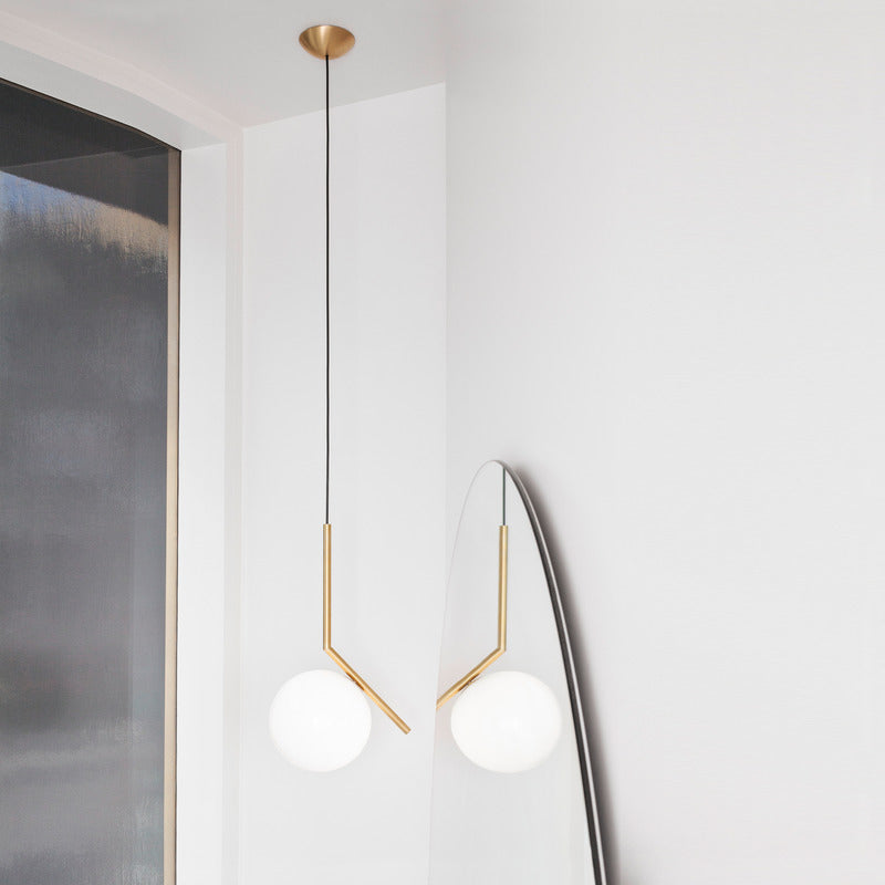 Contemporary Minimalist Equilibrium Glass Globe Pendant Light with Brass and Black Finishes