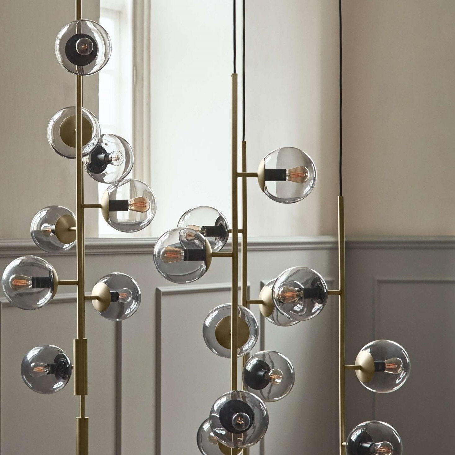 Contemporary Orb Glass Globe Vertical Pendant Light Brass and Glass Multi Light Fixture