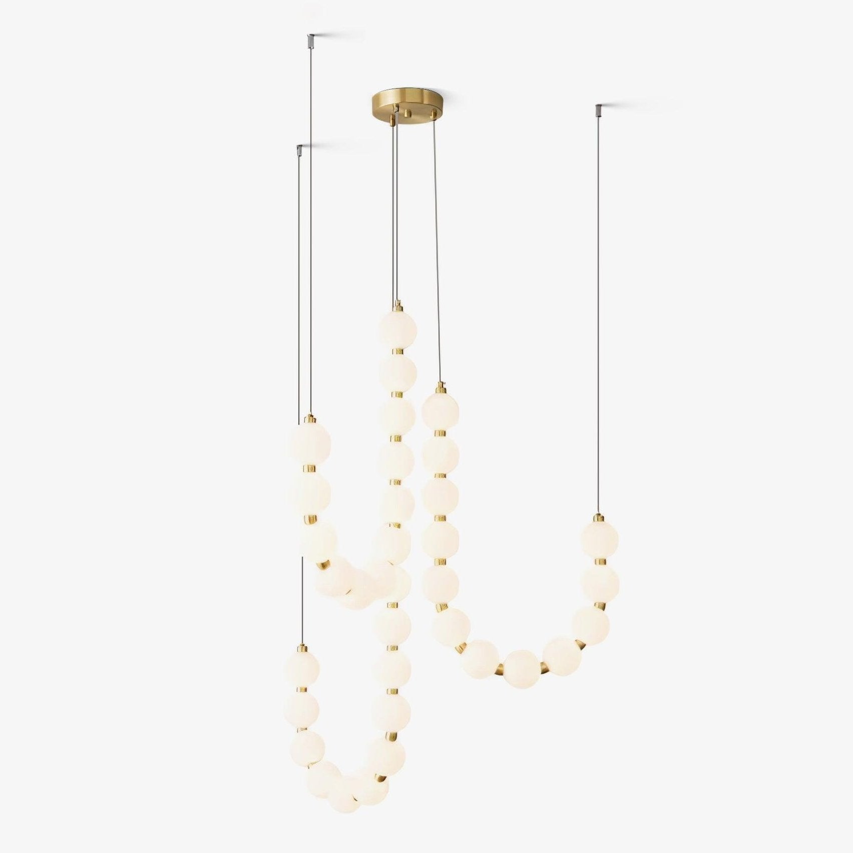 Contemporary Pearl Necklace LED Chandelier Gold Brass Pendant Lighting with White Orbs