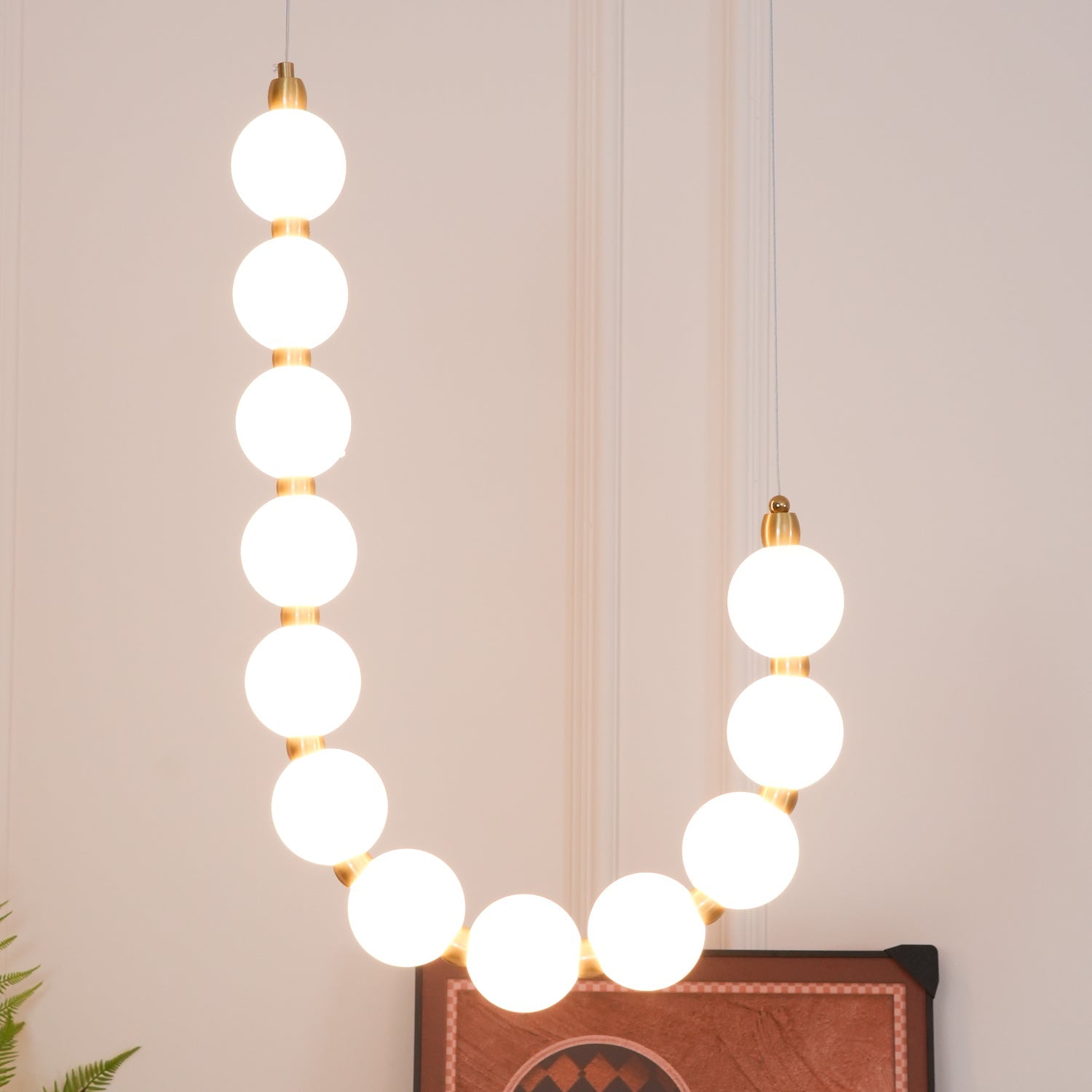 Contemporary Pearl Necklace LED Chandelier Gold Brass Pendant Lighting with White Orbs