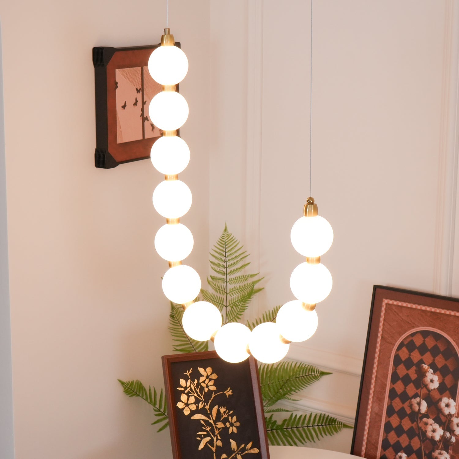 Contemporary Pearl Necklace LED Chandelier Gold Brass Pendant Lighting with White Orbs