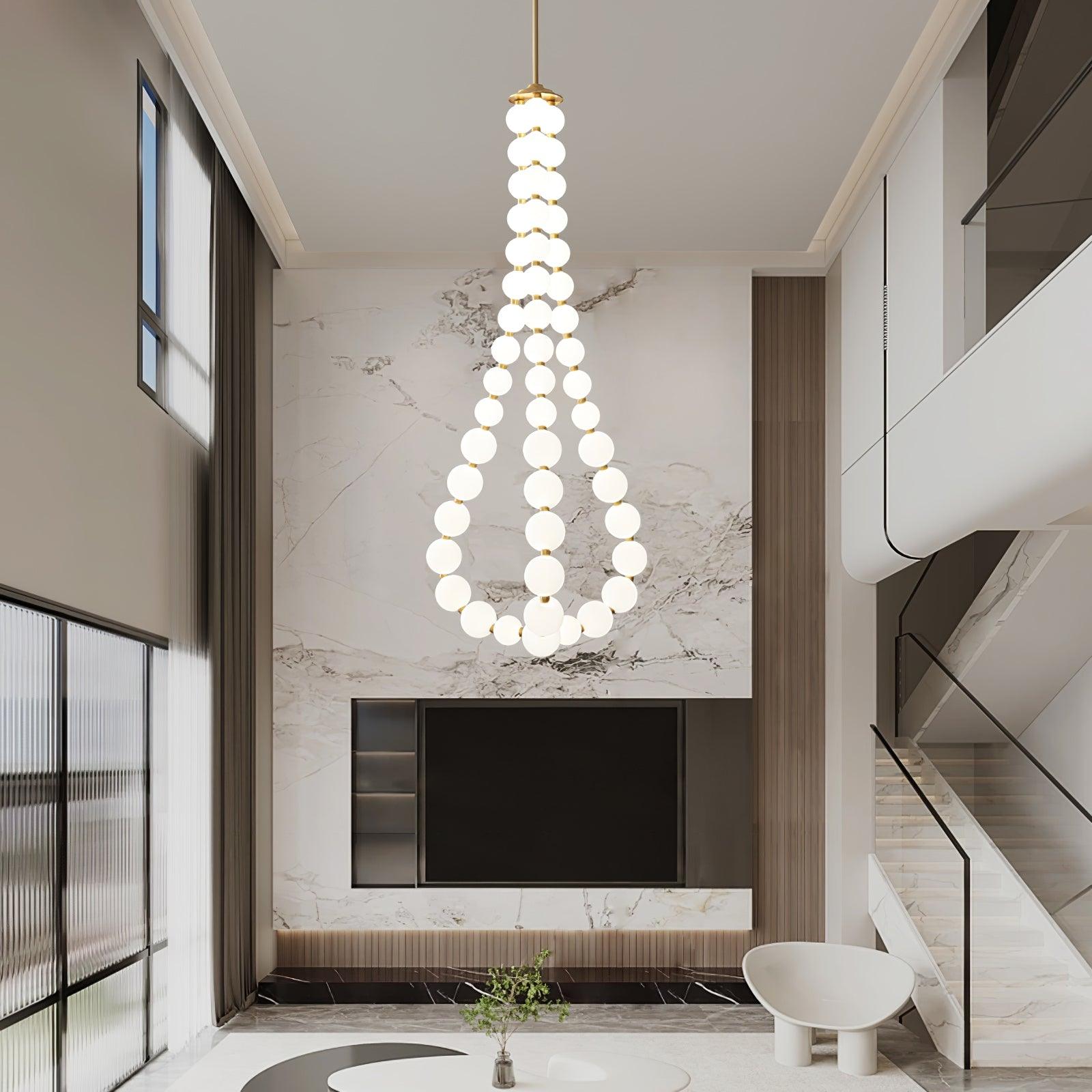 Contemporary Pearl Necklace LED Chandelier Gold Brass Pendant Lighting with White Orbs