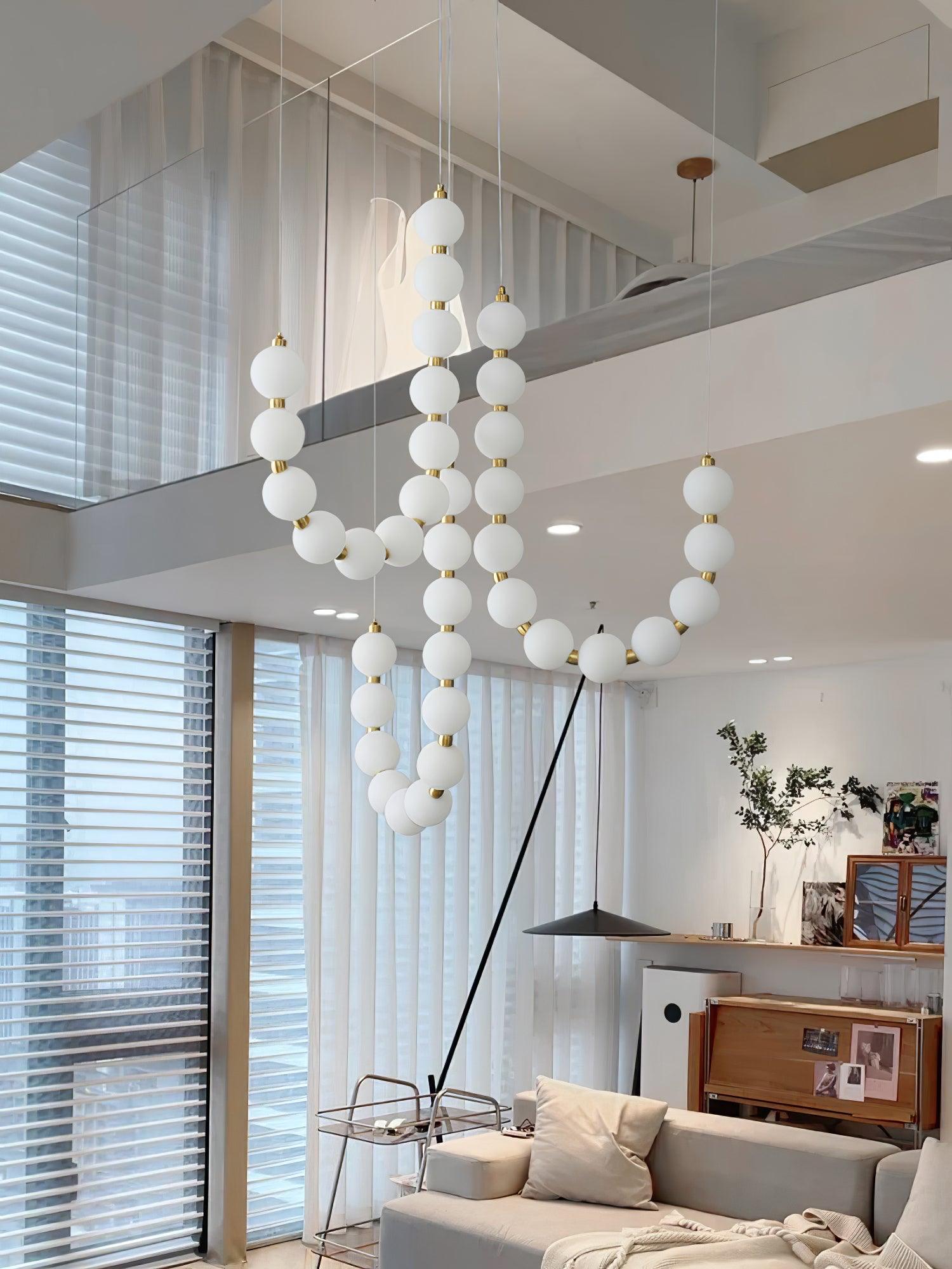 Contemporary Pearl Necklace LED Chandelier Gold Brass Pendant Lighting with White Orbs