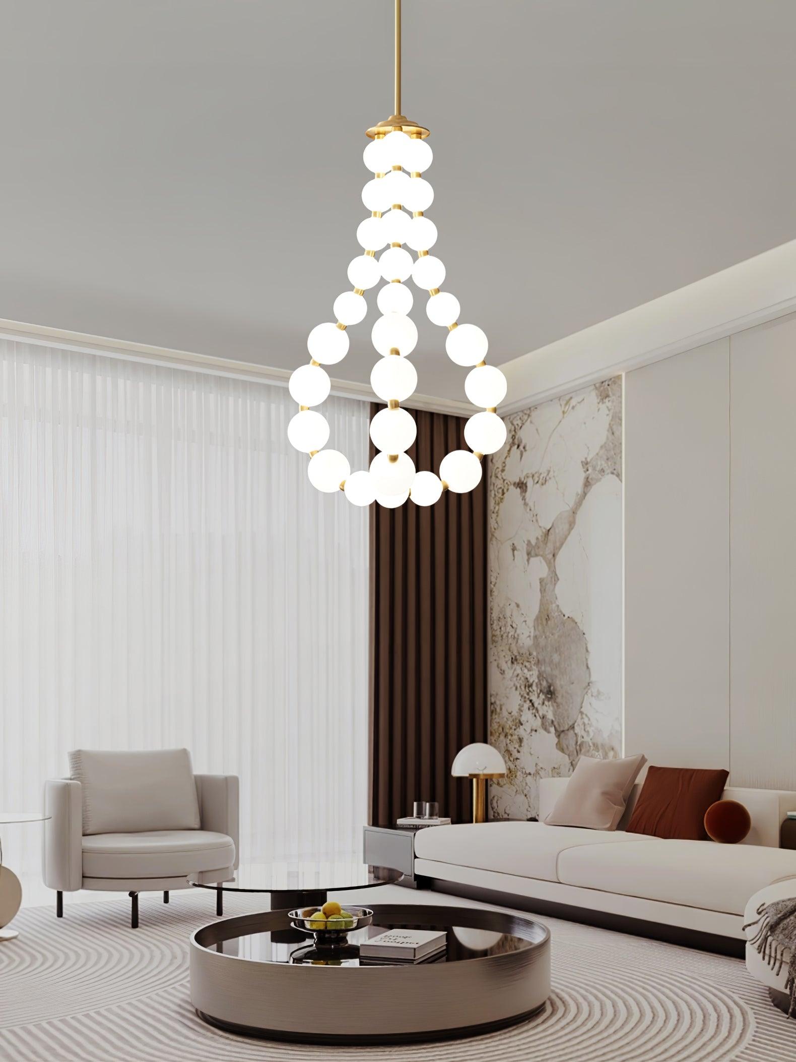 Contemporary Pearl Necklace LED Chandelier Gold Brass Pendant Lighting with White Orbs
