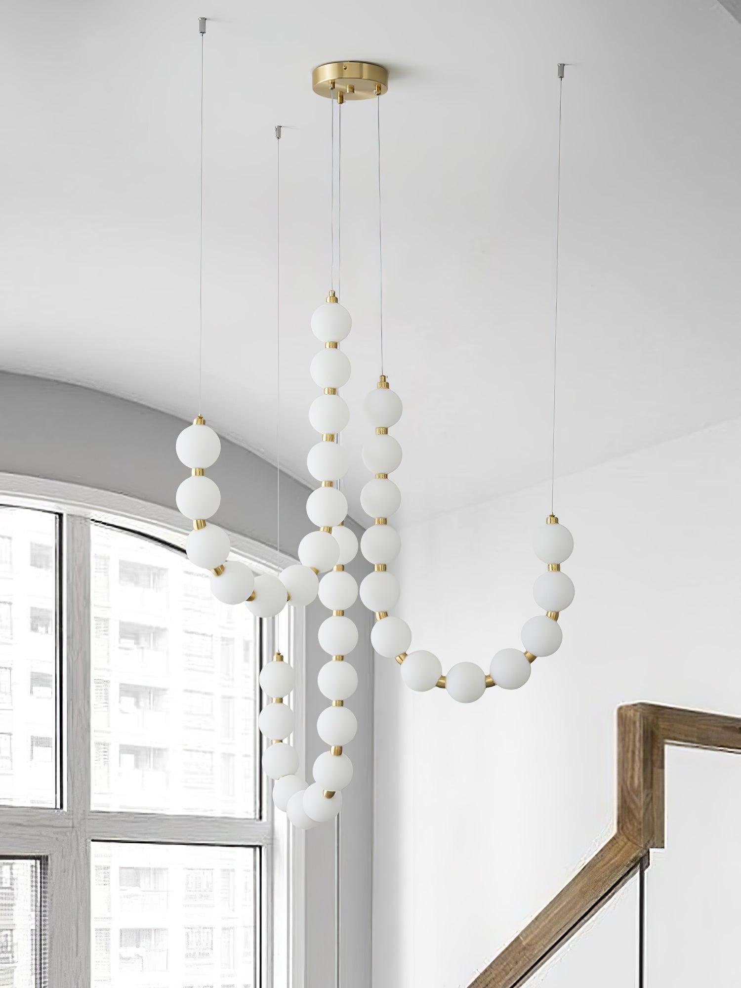 Contemporary Pearl Necklace LED Chandelier Gold Brass Pendant Lighting with White Orbs