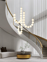Contemporary Pearl Necklace LED Chandelier Gold Brass Pendant Lighting with White Orbs