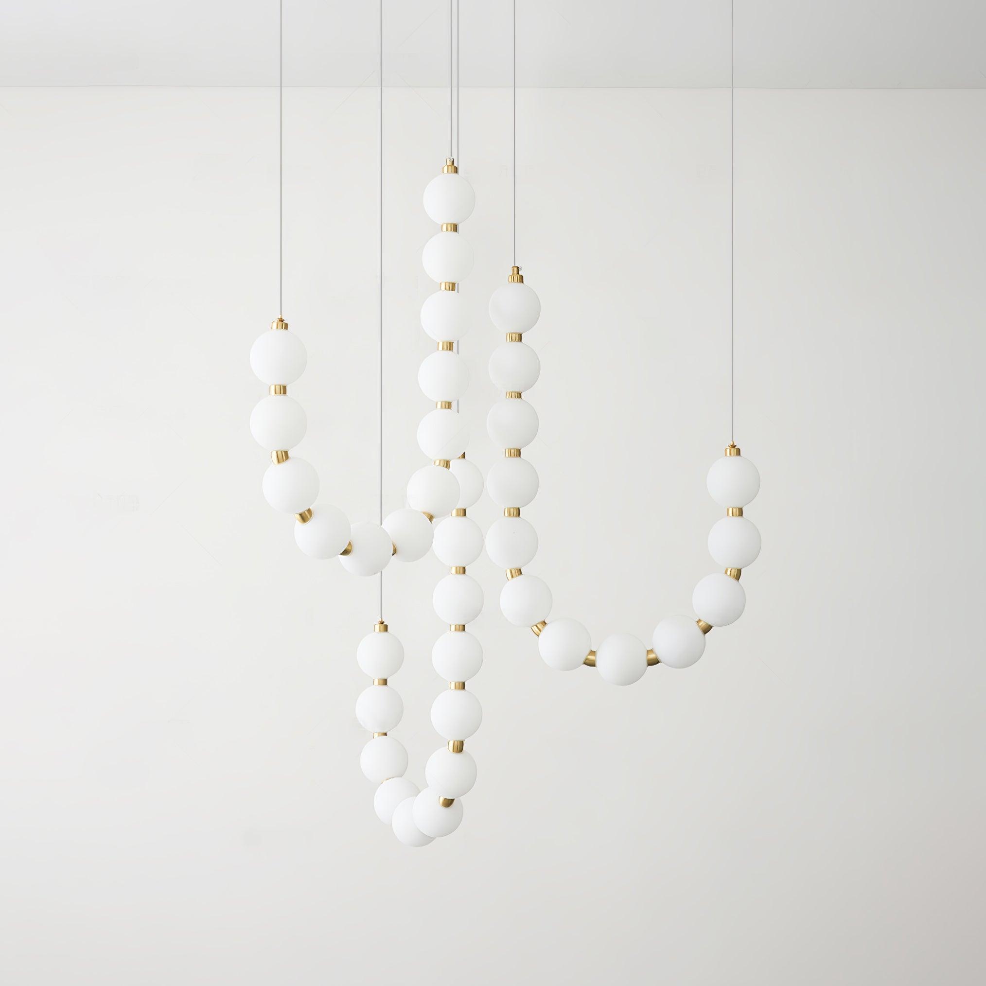 Contemporary Pearl Necklace LED Chandelier Gold Brass Pendant Lighting with White Orbs