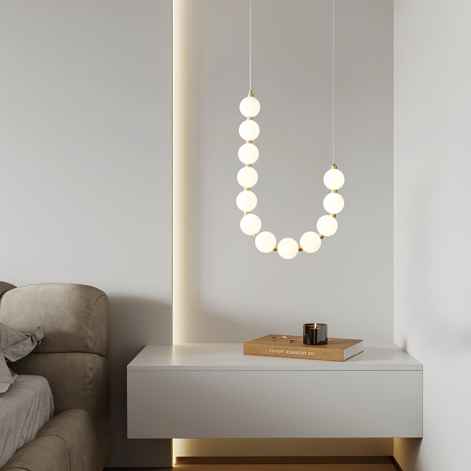 Contemporary Pearl Necklace LED Chandelier Gold Brass Pendant Lighting with White Orbs