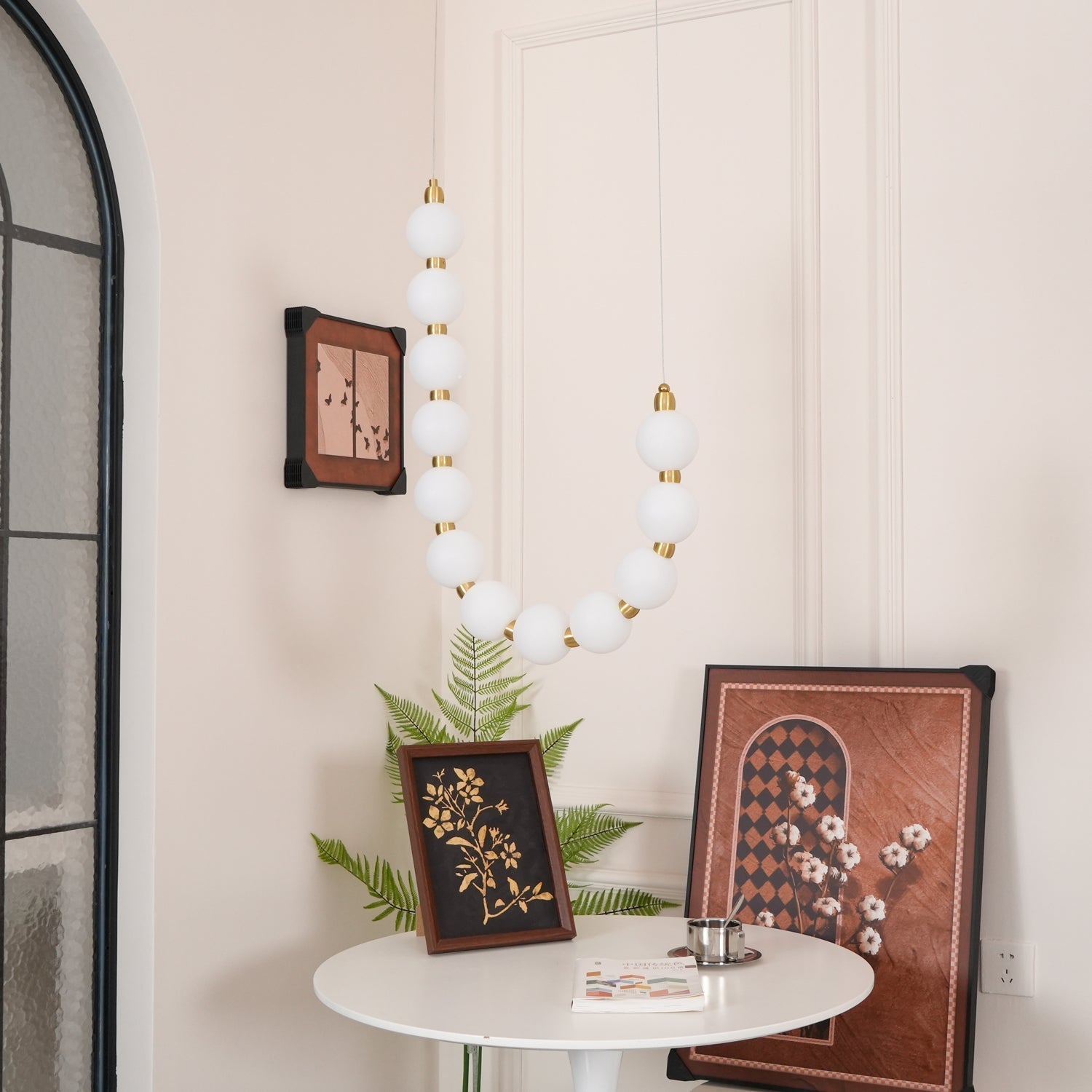 Contemporary Pearl Necklace LED Chandelier Gold Brass Pendant Lighting with White Orbs