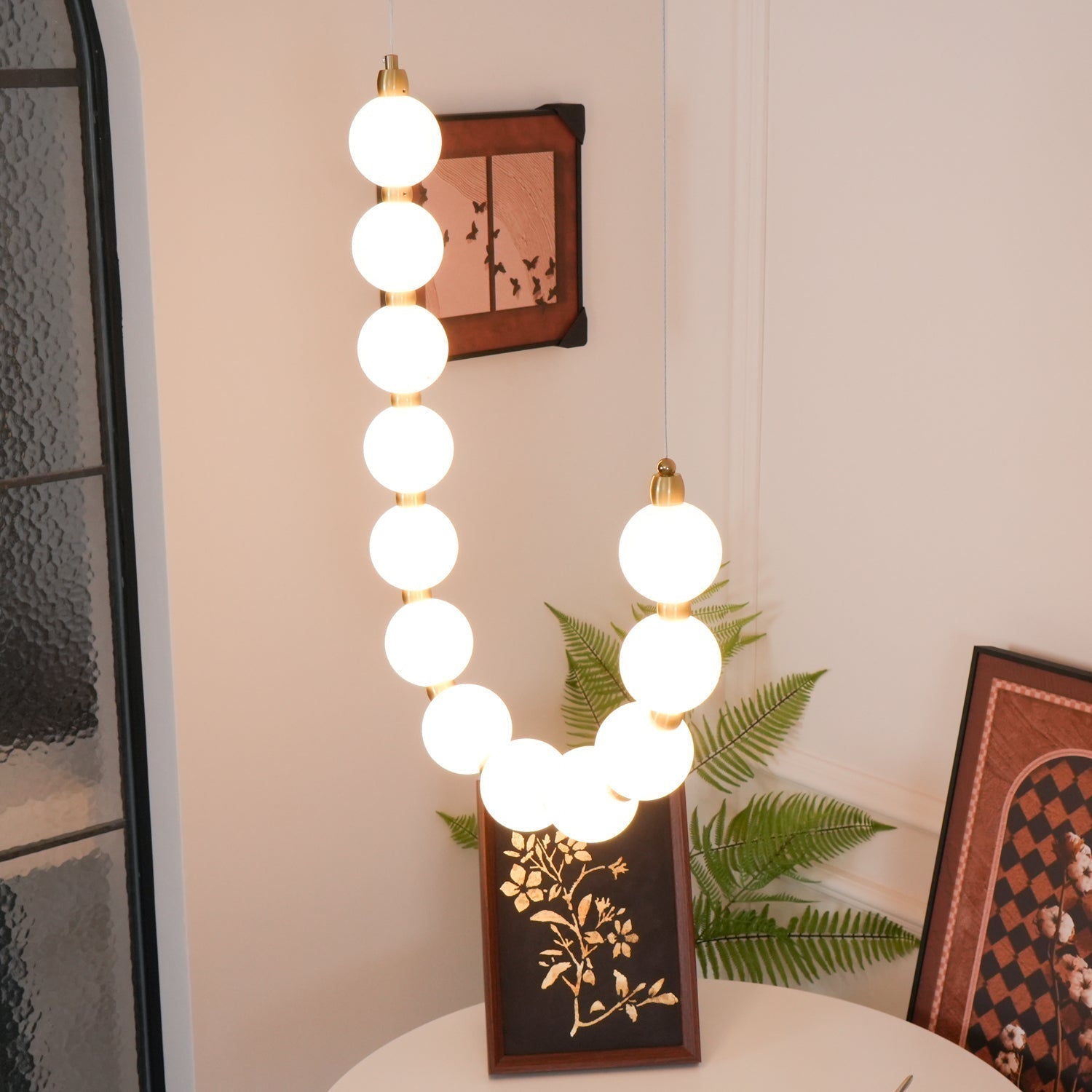 Contemporary Pearl Necklace LED Chandelier Gold Brass Pendant Lighting with White Orbs