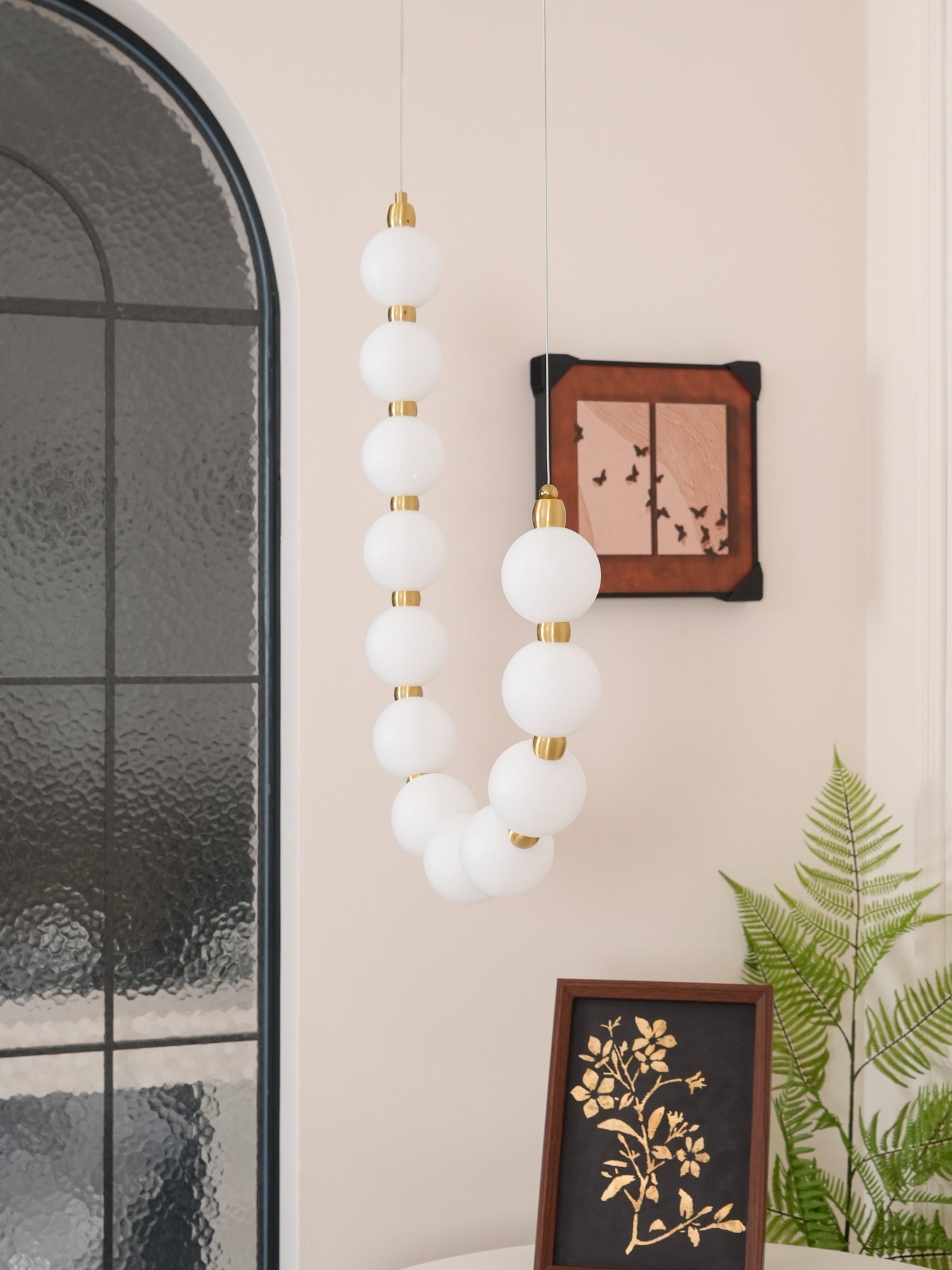 Contemporary Pearl Necklace LED Chandelier Gold Brass Pendant Lighting with White Orbs