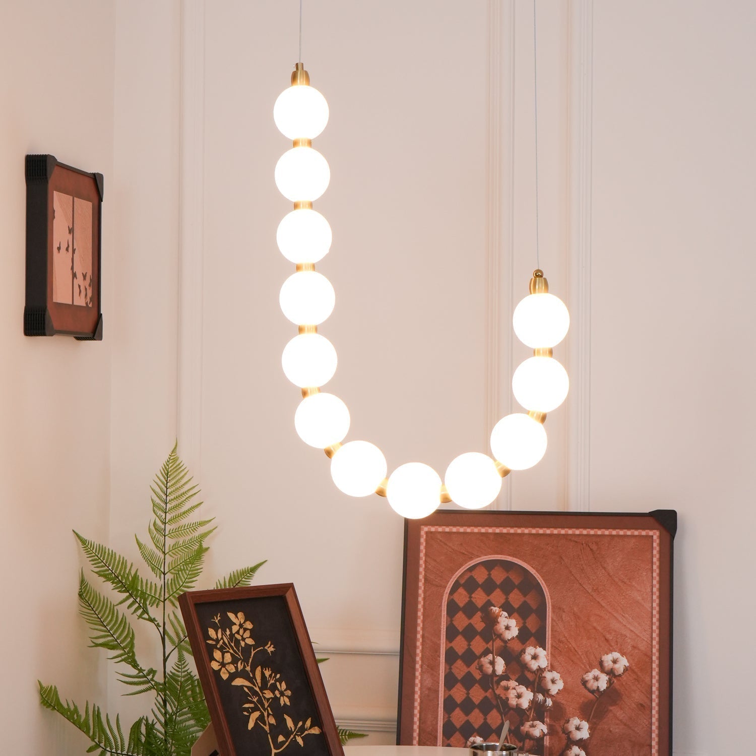 Contemporary Pearl Necklace LED Chandelier Gold Brass Pendant Lighting with White Orbs
