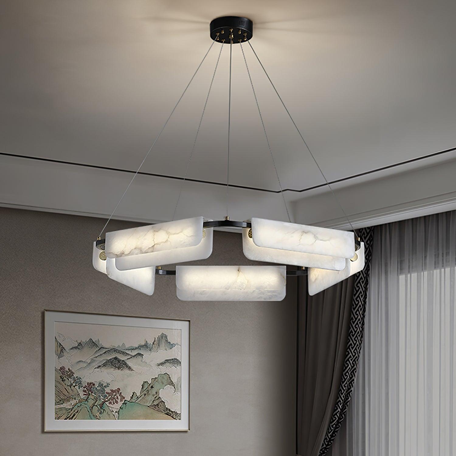 Contemporary Round Alabaster Stone Ring Chandelier with Brass Accents and Integrated LED Lighting