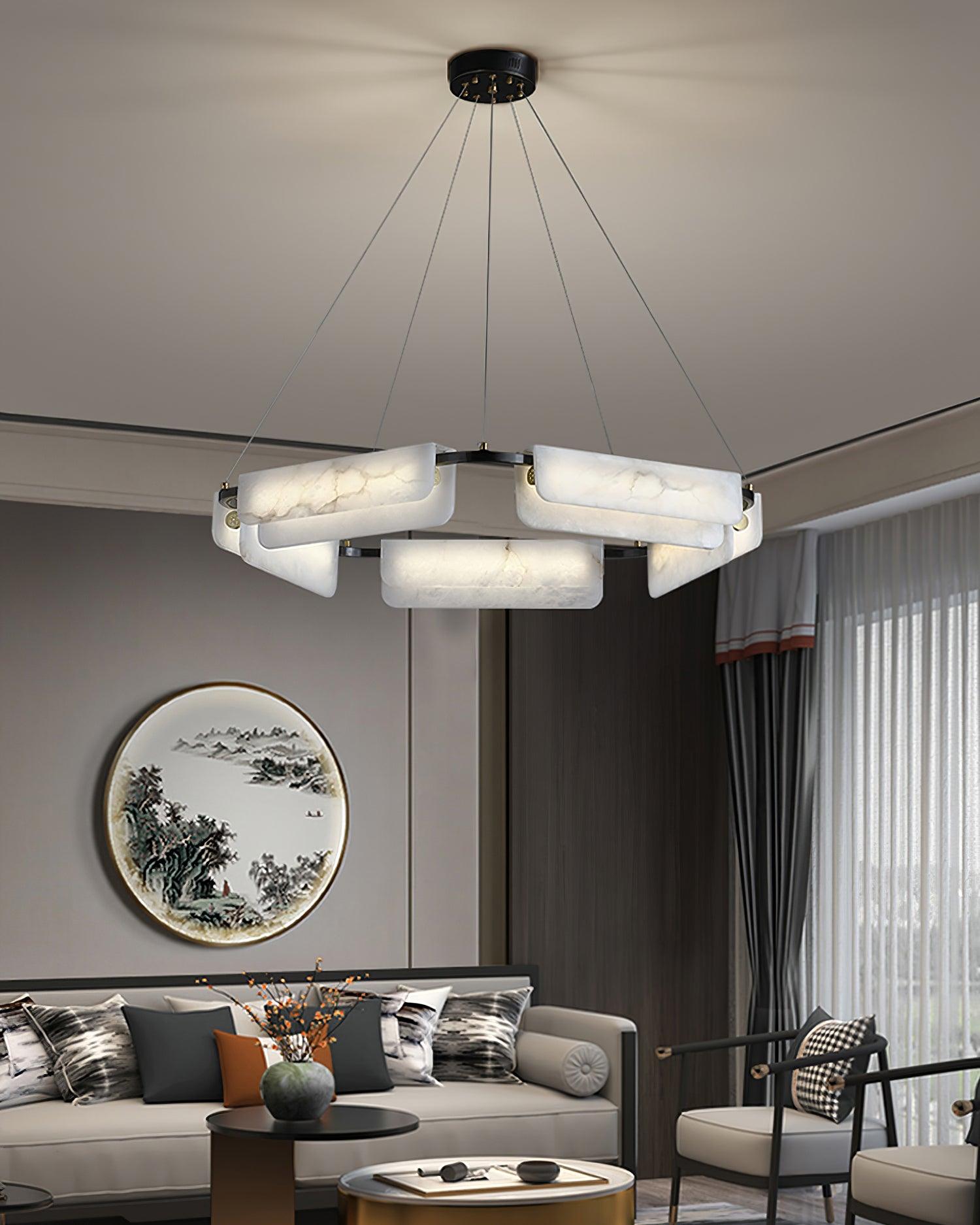 Contemporary Round Alabaster Stone Ring Chandelier with Brass Accents and Integrated LED Lighting