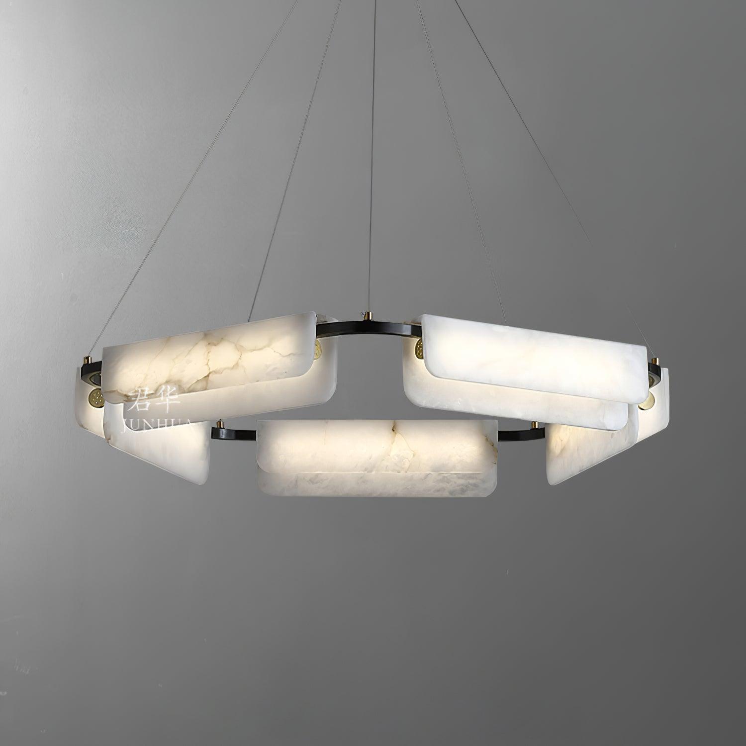 Contemporary Round Alabaster Stone Ring Chandelier with Brass Accents and Integrated LED Lighting