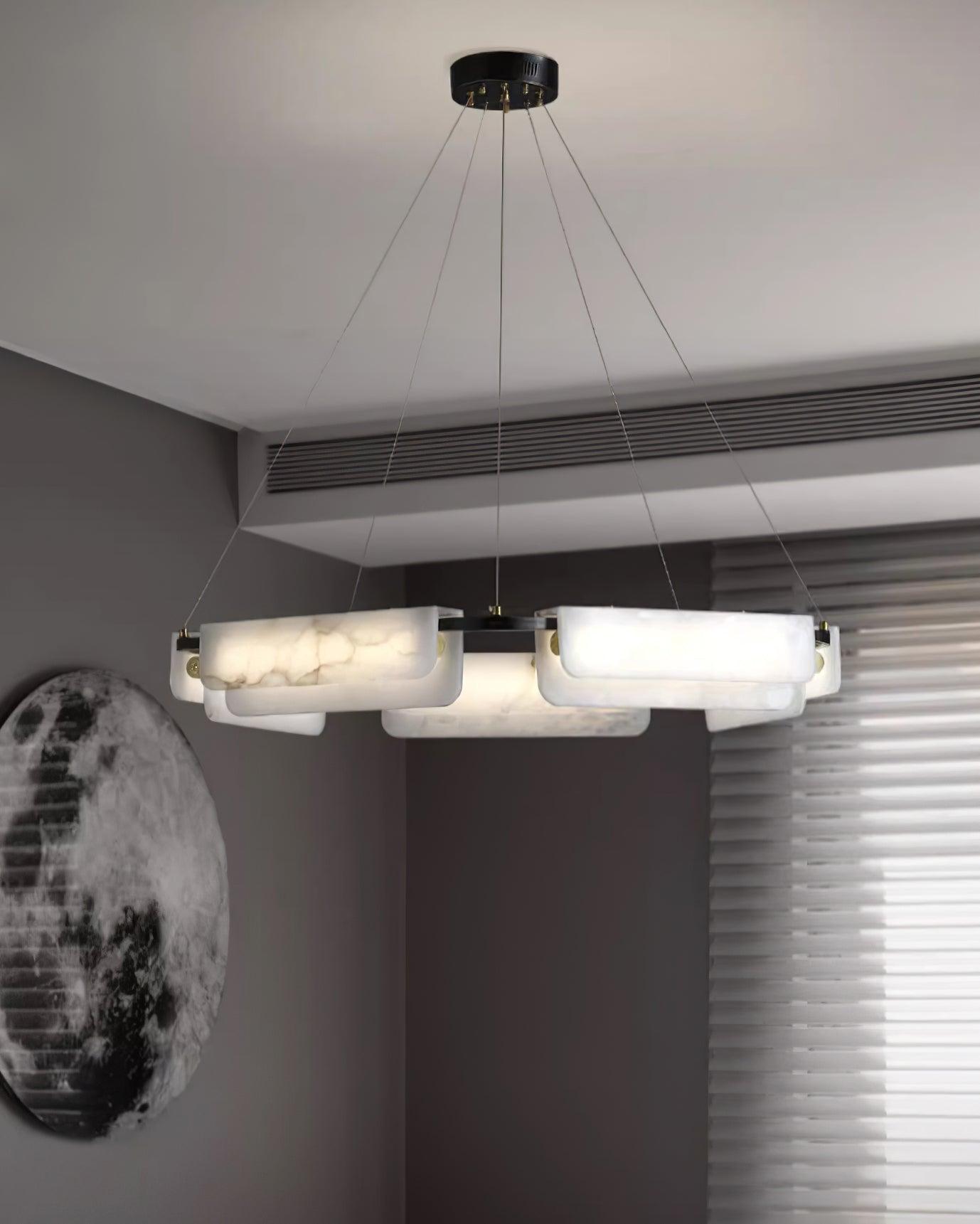 Contemporary Round Alabaster Stone Ring Chandelier with Brass Accents and Integrated LED Lighting