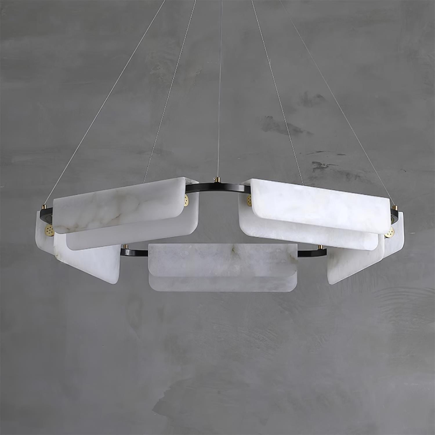 Contemporary Round Alabaster Stone Ring Chandelier with Brass Accents and Integrated LED Lighting