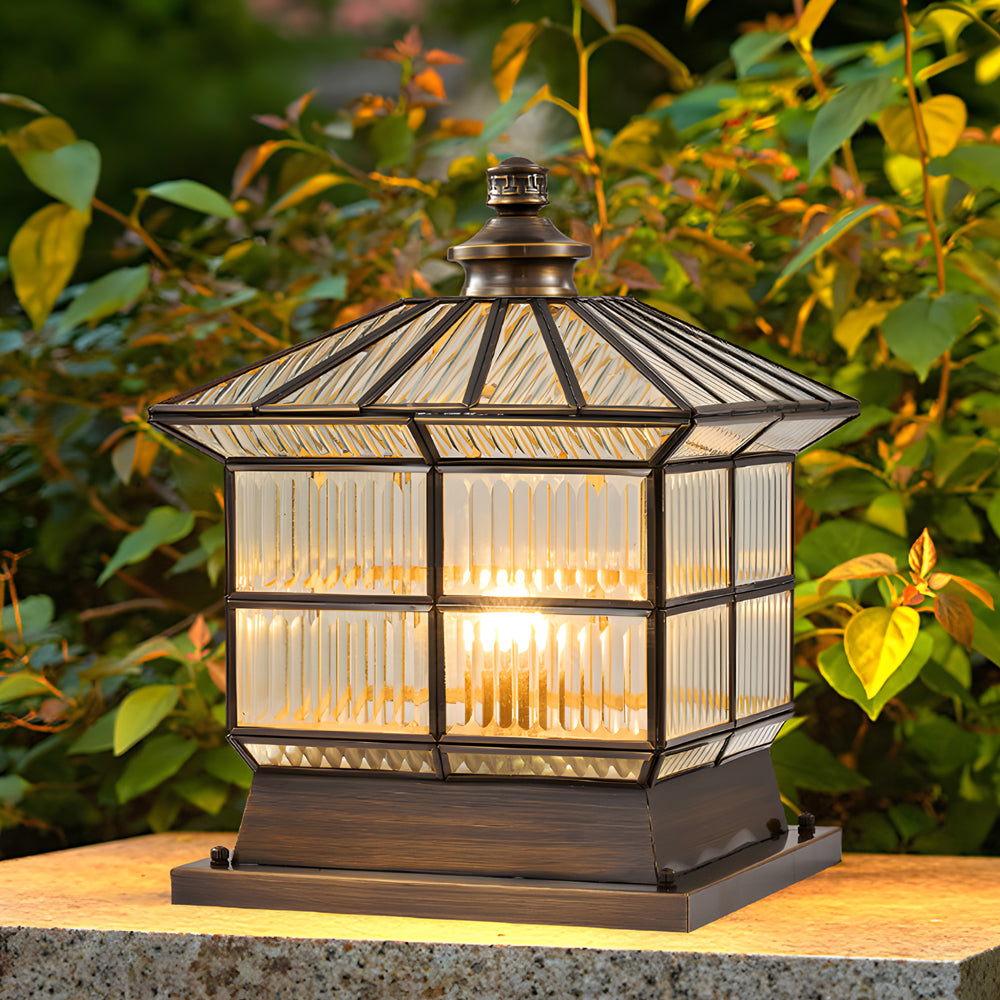 Copper Square Bronze Fence Post Light Outdoor Pillar Lamp with Solar and Hardwired 3 Step Dimming