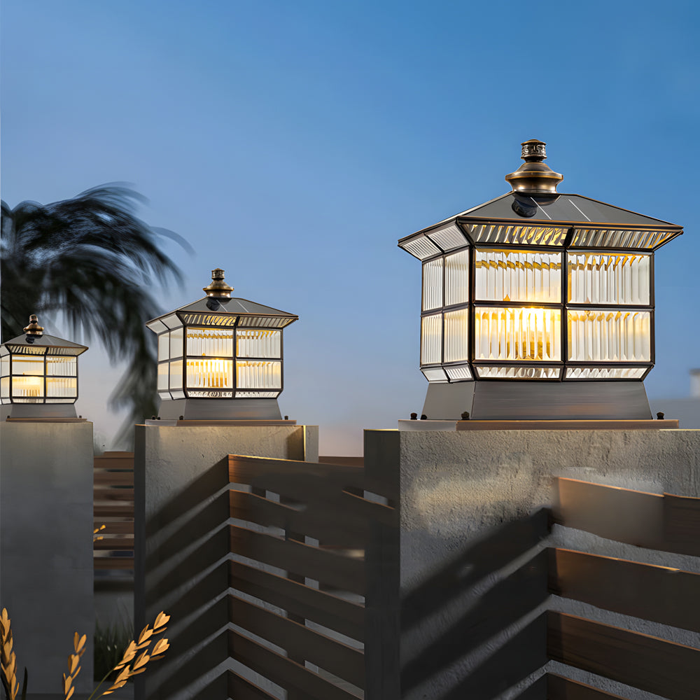 Copper Square Bronze Fence Post Light Outdoor Pillar Lamp with Solar and Hardwired 3 Step Dimming