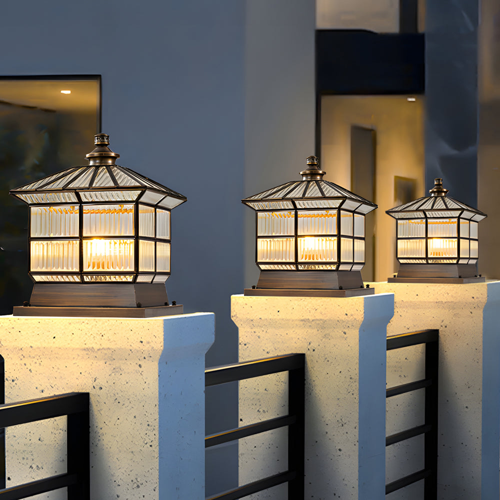 Copper Square Bronze Fence Post Light Outdoor Pillar Lamp with Solar and Hardwired 3 Step Dimming