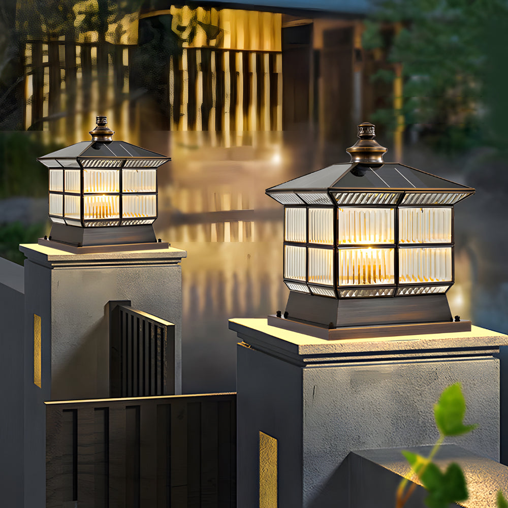 Copper Square Bronze Fence Post Light Outdoor Pillar Lamp with Solar and Hardwired 3 Step Dimming