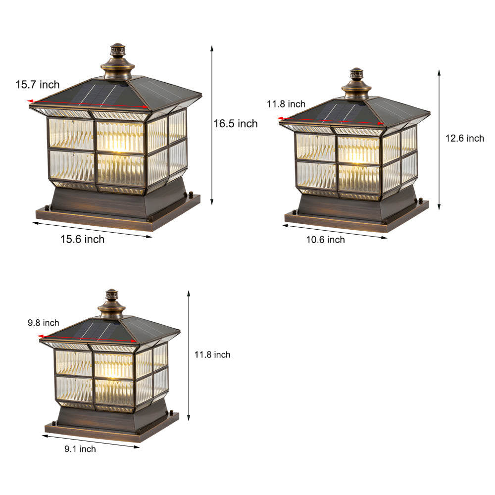 Copper Square Bronze Fence Post Light Outdoor Pillar Lamp with Solar and Hardwired 3 Step Dimming