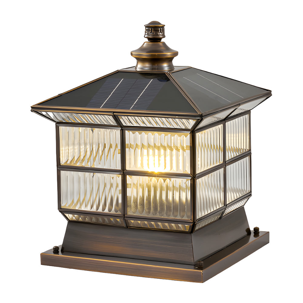 Copper Square Bronze Fence Post Light Outdoor Pillar Lamp with Solar and Hardwired 3 Step Dimming