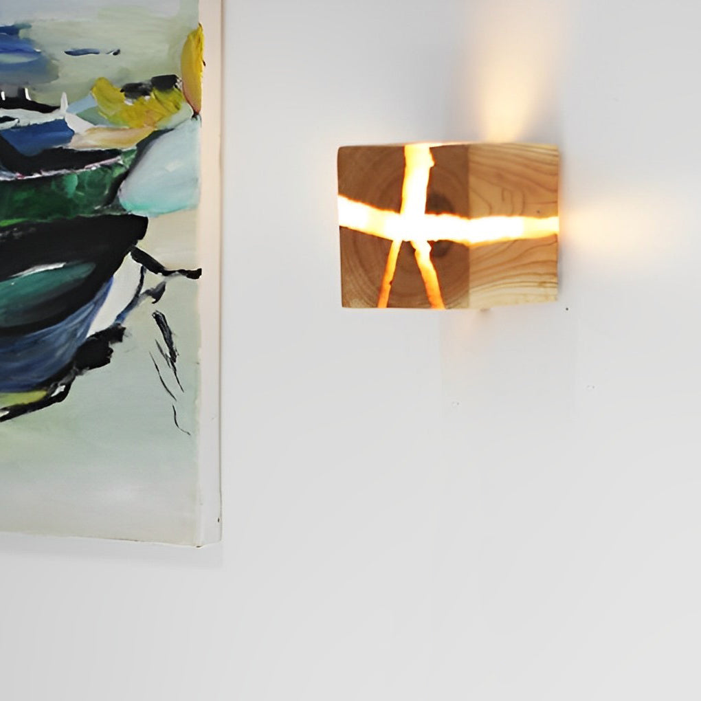 Cracked Wood Grain Square Wall Sconce Rustic Wooden G4 LED Bedside Light for Bedroom