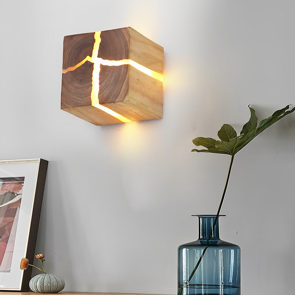 Cracked Wood Grain Square Wall Sconce Rustic Wooden G4 LED Bedside Light for Bedroom