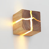 Cracked Wood Grain Square Wall Sconce Rustic Wooden G4 LED Bedside Light for Bedroom