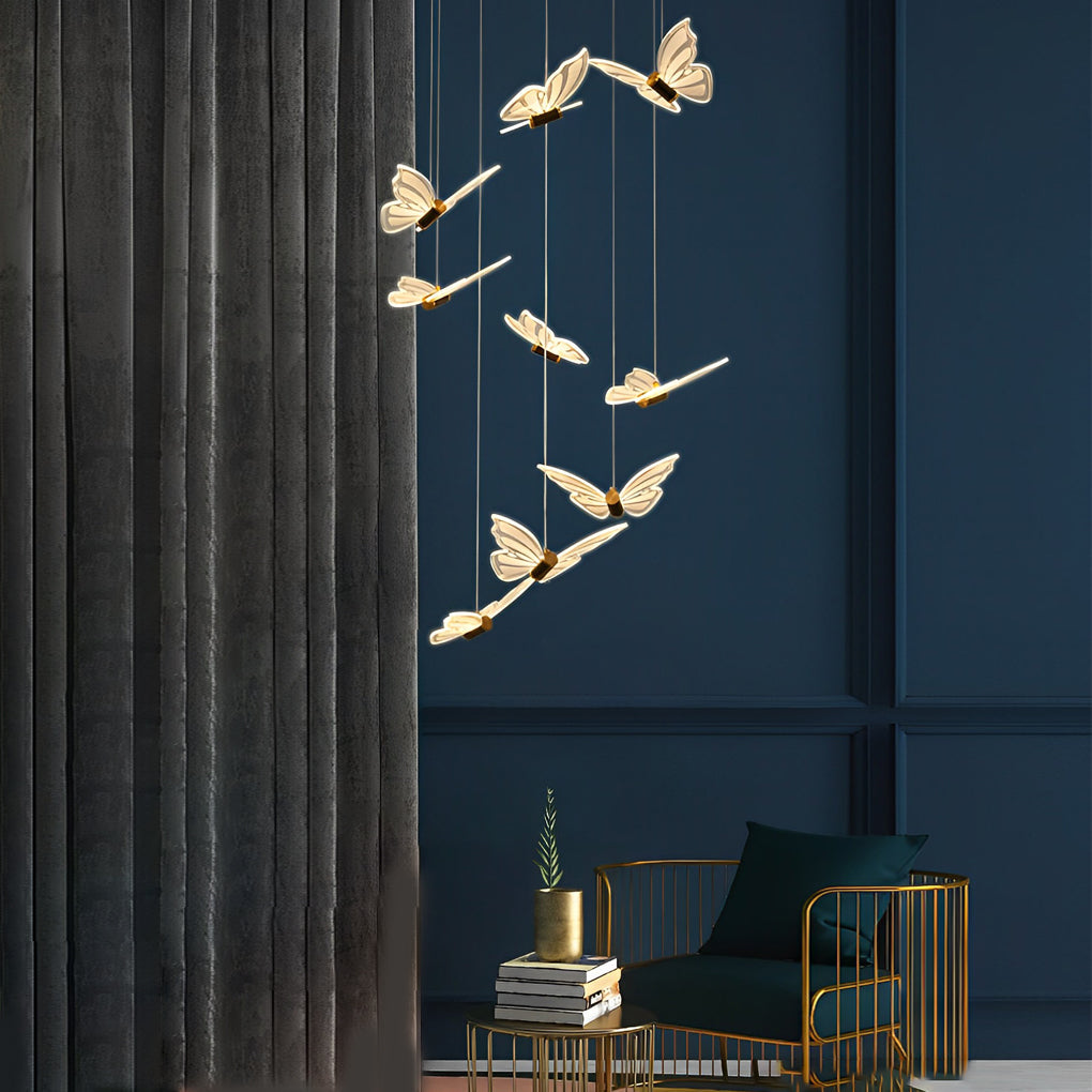 Creative Butterfly LED Staircase Chandelier Modern Long High Ceiling Pendant Light