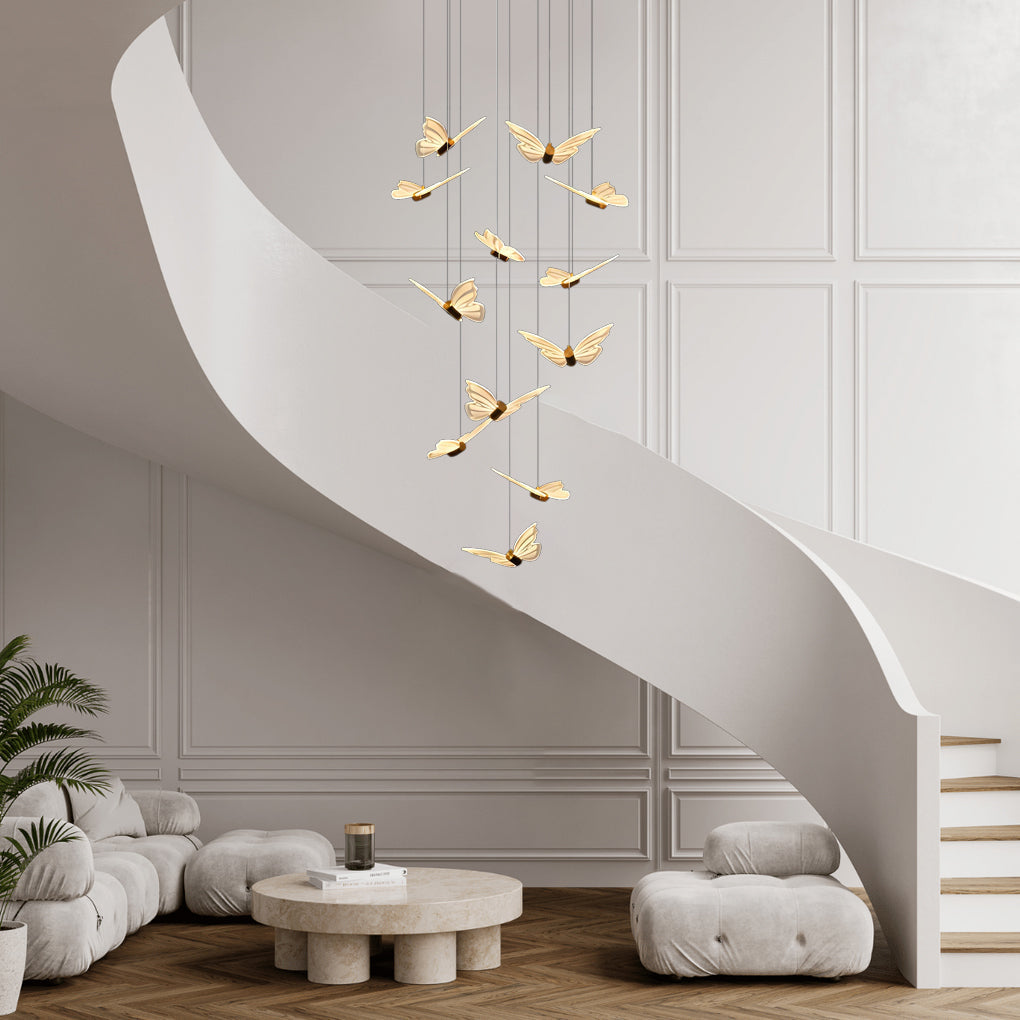 Creative Butterfly LED Staircase Chandelier Modern Long High Ceiling Pendant Light