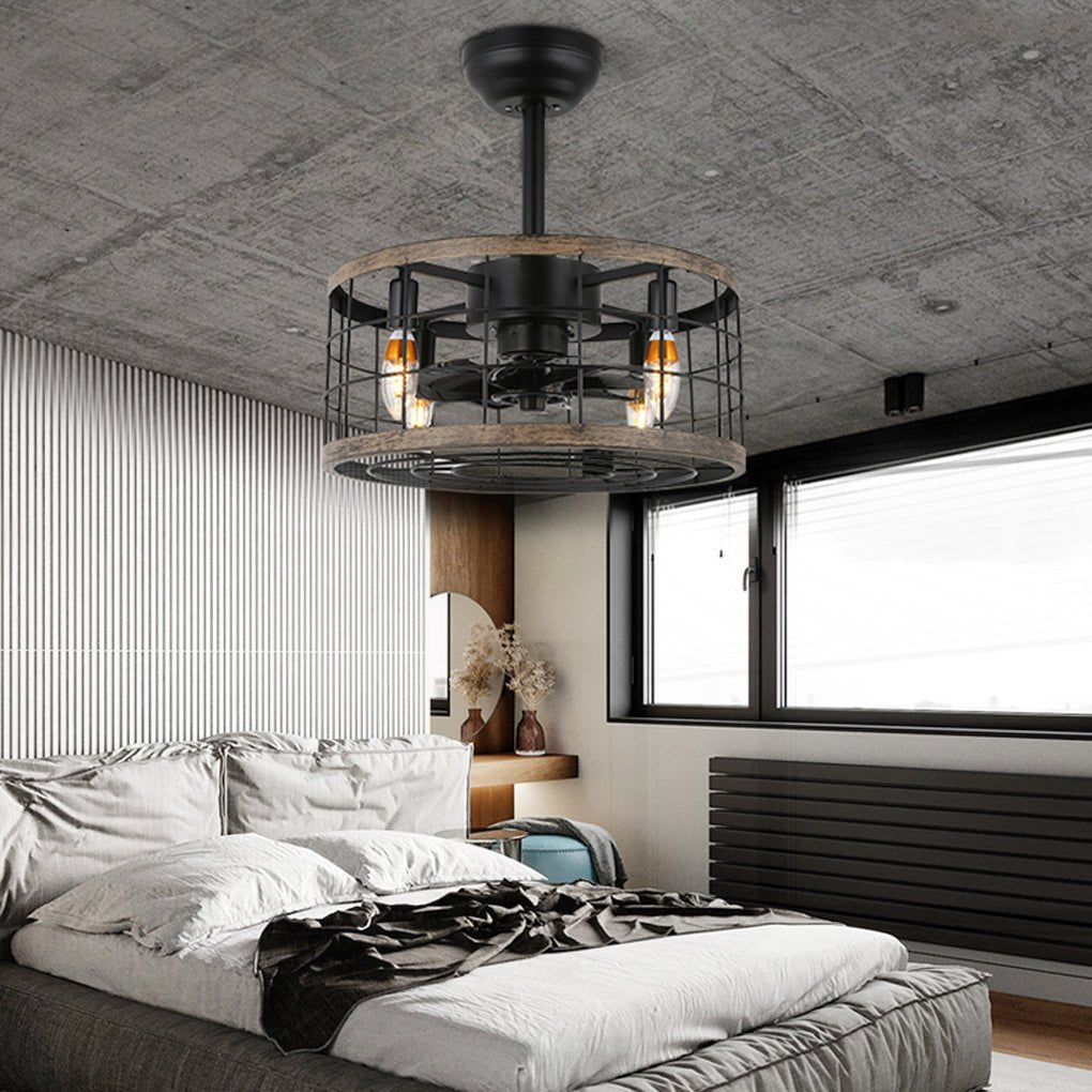 Vintage Industrial Cage Ceiling Fan Light with Quiet Motor and Wrought Iron Housing for Living Room