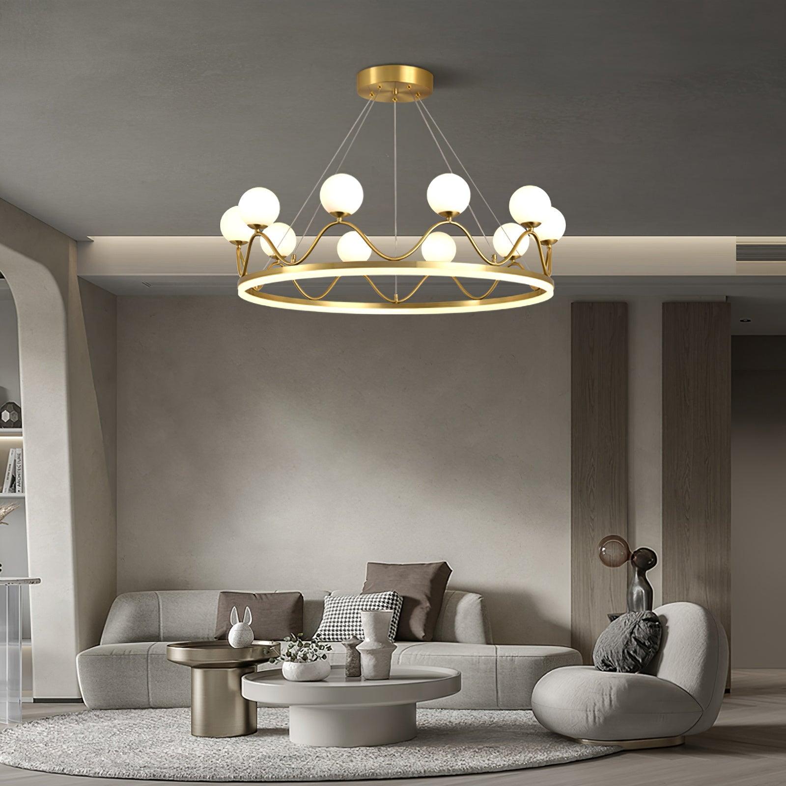 Crown Brass Chandelier with Hand Blown Glass Globes for Luxury Dining Room