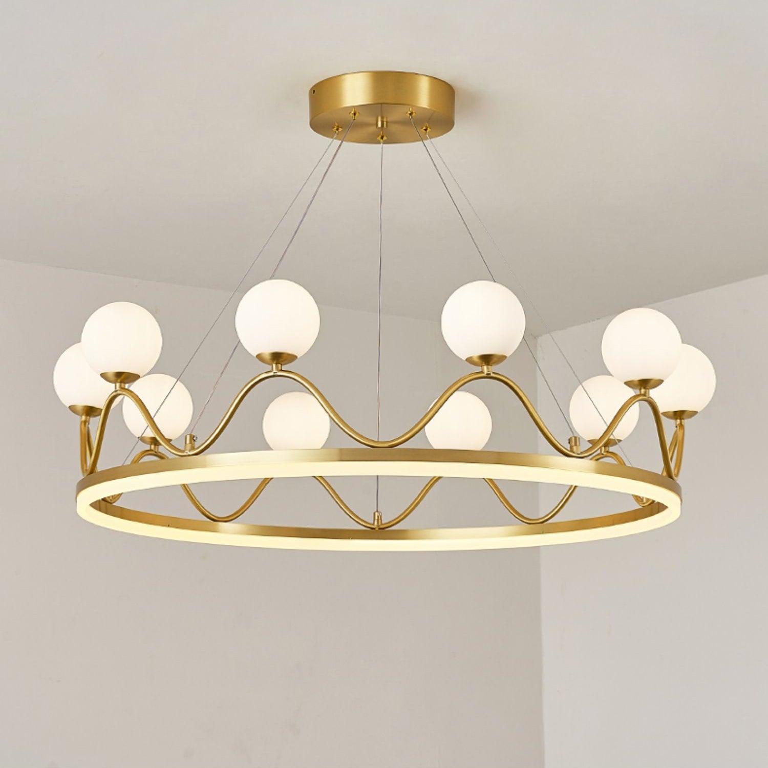 Crown Brass Chandelier with Hand Blown Glass Globes for Luxury Dining Room